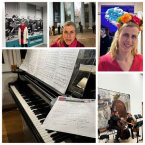 Musikinstrumente und Frau vor verschiedenen Bildern